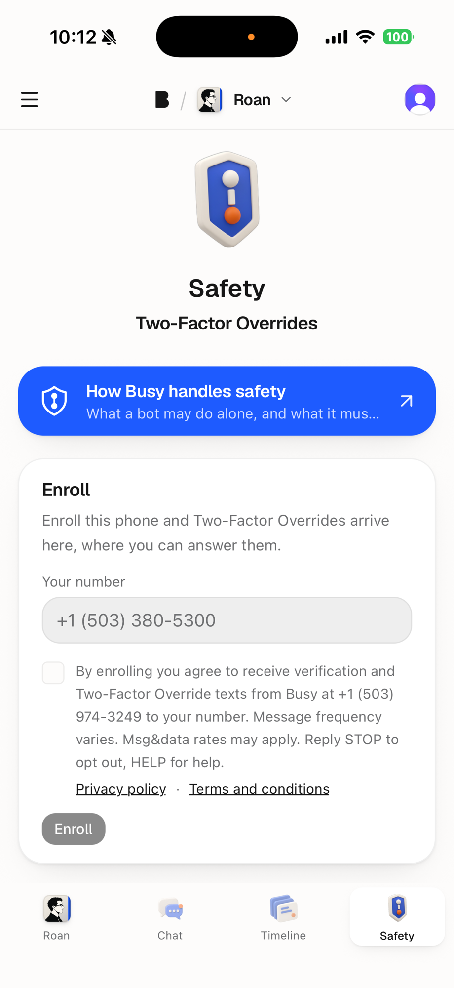 The Busy app enrollment screen: a phone number field, an unchecked consent checkbox with the full SMS opt-in language, links to the privacy policy and terms, and a disabled Enroll button